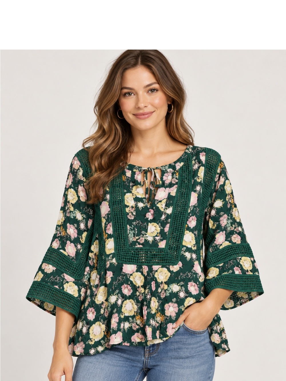 Black Rainn Floral Boho Blouse Women’s L Green Crochet Lace Bell Sleeve Top